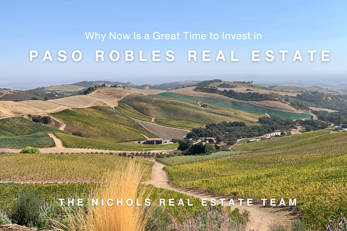 Paso Robles Art Scenic vineyard landscape in Paso Robles with text promoting investment in the Paso Robles real estate market.